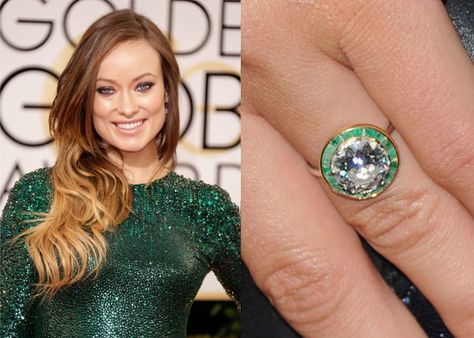 Olivia Wilde Engagement Ring, Celebrity Rings, Big Engagement Rings, Emerald Halo, White Veil, Bling Wedding Dress, How To Wear Rings, Jason Sudeikis, Celebrity Wedding Dresses