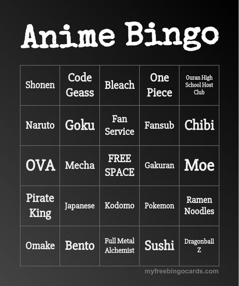 Anime Bingo Anime Bingo, Free Printable Bingo Cards, Anime Diys, Free Bingo Cards, Japanese Party, Teen Library, Bingo Template, Teen Programs, Bingo Cards Printable