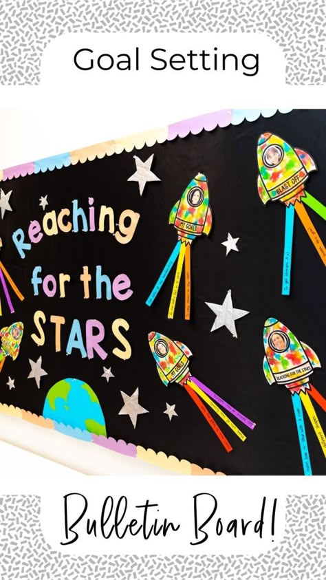 Universe Bulletin Board, Out Of This World Bulletin Board, Out Of This World School Theme, Star Themed Bulletin Boards, Space Bulletin Boards Elementary, Outer Space Graduation Theme, Reach For The Stars Classroom Theme, Space Door Decorations, Space School Theme