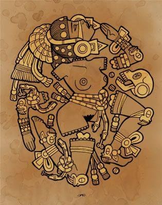 Mayan Inspired Art, Meso American Art, Aztec Codex Art, Coyolxauhqui Tattoo, Aztec Illustration, Aztec Symbols, Aztec Tattoos, Mexican Art Tattoos, Aztec Tattoo Designs