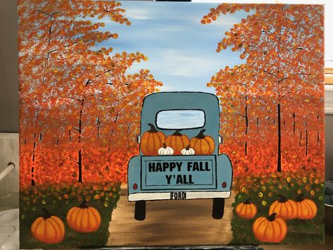 Acrilic Paintings Ideas Fall, Pumpkin Patch Drawing, Pumpkin Patch Painting, Pumpkin Drawing, Pumpkin Truck, Rough Draft, Happy Fall Y'all, Water Colors, Diy Canvas Art Painting