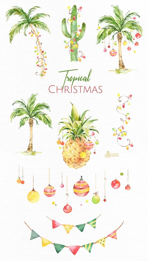 Aquarell Christmas, Tropical Christmas Decorations, Christmas Palm Tree, Watercolor Holiday, Beachy Christmas, Pineapple Decor, Tropical Holiday, Tropical Christmas, Christmas Card Art