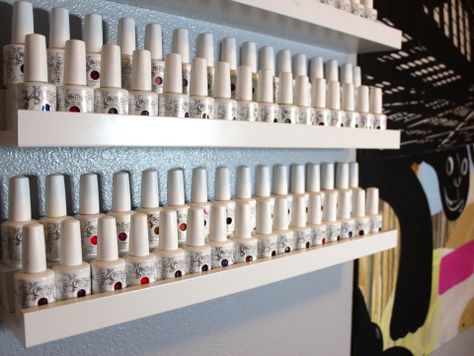 how to use Ikea RIBBA for nail polish storage! Cuccio Nails, Layer Shelf, Nail Room Ideas, Nail Station, Nail Polish Rack, Nail Polish Crafts, Polish Display, Home Nail Salon, Nail Salon Decor