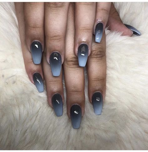 Grey And Blue Nails Ideas, Dark Blue Ombre Nails Acrylic, Blue Gray Ombre Nails, Blue And Grey Ombre Nails, Denim And Diamonds Nail Ideas, Blue And Gray Nail Ideas, Black Blue And White Nails, Denim Inspired Nails, Grey And White Ombre Nails