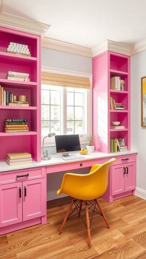 Discover innovative cabinet solutions that enhance the storage and decor of your home office. Bright Salon Decor, Pink And Orange Office, Fun Home Office Design, Barbie Office Decor, Pink And Yellow Office, Office Cabinets Ideas, Small Home Office Makeover, Pink Office Aesthetic, Colorful Office Space