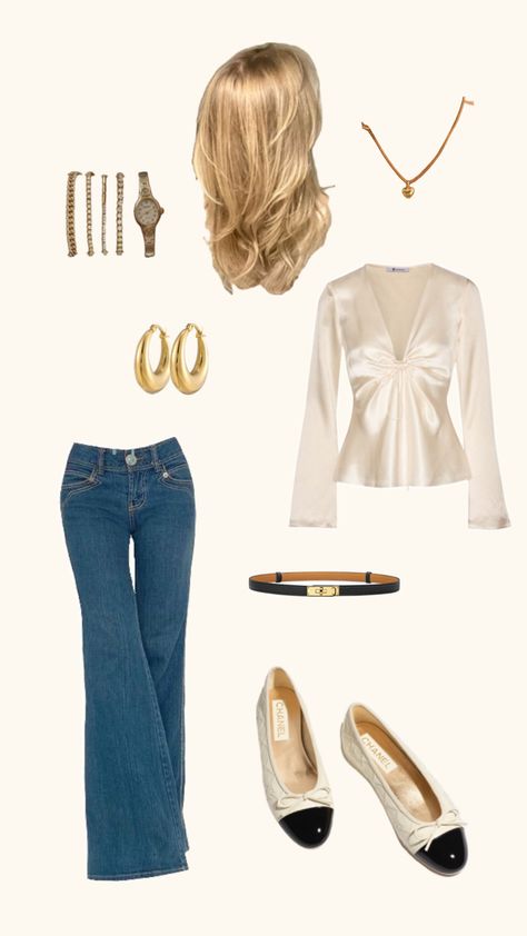 outfit fashion pretty classy white blouse flare jeans gold jewellery hoops necklace bracelets layered hair White Blouse Outfit Classy, White Blouse Outfit, Bracelets Layered, Layered Bracelets, Blouse Outfit, Layered Hair, White Blouse, Gold Jewellery, Flare Jeans