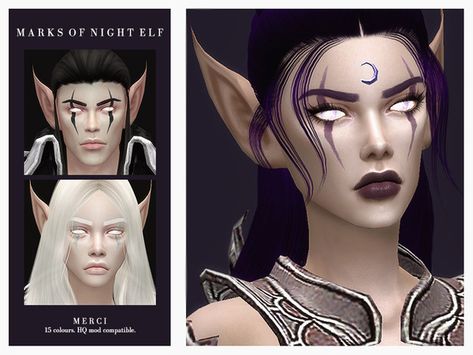 -Merci-'s Marks Of Night Elf Elven Makeup, Elf Tattoo, Elf Eyebrow, Elf Hair, Elf Products, Sims 4 Tattoos, Fairy Ears, Night Elf, Elf Clothes