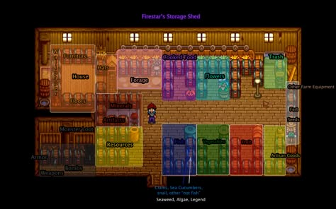 Stardew Valley Storage, Stardew Valley Storage Shed, Stardew Layout, Stardew Ideas, Stardew Farms, Barn Layout, Stardew Valley Layout, Stardew Valley Tips, Stardew Valley Farms