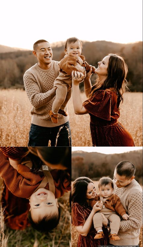 A family of three plays in a golden field at sunset. Fall Photoshoot Ideas Family Of 3, November Family Photoshoot, Family Of 3 Lifestyle Photography, Fall Family Of 3 Photos Poses, Burnt Orange Family Pictures, Newborn Fall Photoshoot Family, Fall Family Of 3 Photoshoot, Family Photo Poses Family Of 3, Small Family Picture Ideas