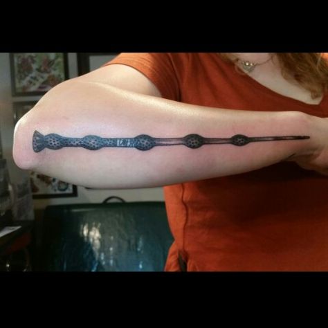 Harry Potter Tattoo. Love my new elder wand tat Harry Potter Elder Wand Tattoo, Elder Wand Tattoo, Harry Potter Wand Tattoo, Harry Potter Life, Justin Tattoo, Wand Tattoo, Hp Tattoo, Potter Tattoo, Elder Wand