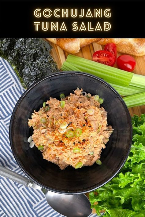 Gochujang tuna salad with nori, flatbread, and vegetables Tuna Salad Asian, Korean Canned Tuna Recipes, Kimchi Tuna Salad, Miso Tuna Salad, Korean Tuna Salad, Spicy Tuna Cucumber Salad, Asian Tuna Salad, Korean Tuna Recipe, Asian Tuna Salad Recipe