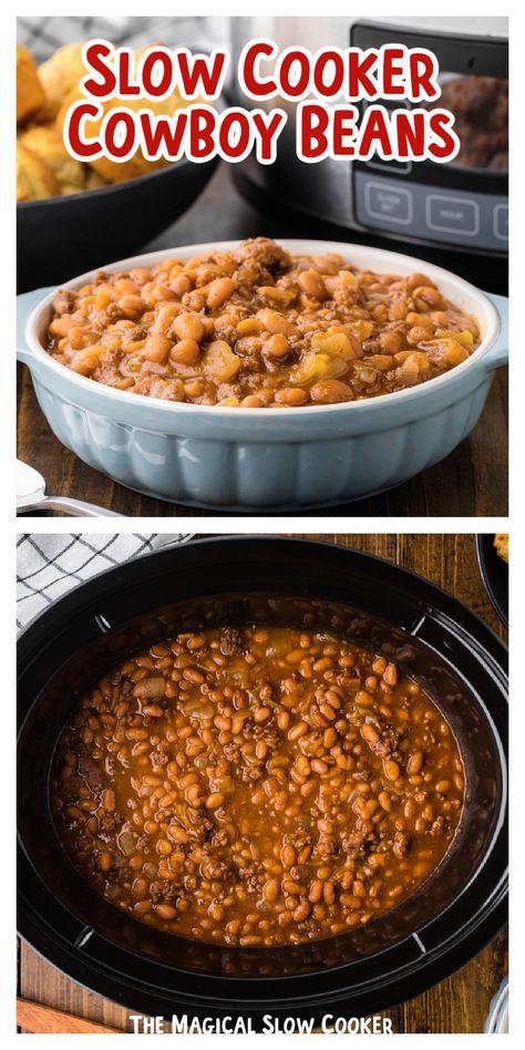 Brown Beans Recipe Crock Pot, Campfire Beans Recipe, Chili Recipe With Baked Beans, Cowboy Beans With Hamburger, Baked Bean Chili Recipe, Brown Beans Recipe, Cowboy Baked Beans Recipe, Slow Cooker Cowboy Beans, Crockpot Sides