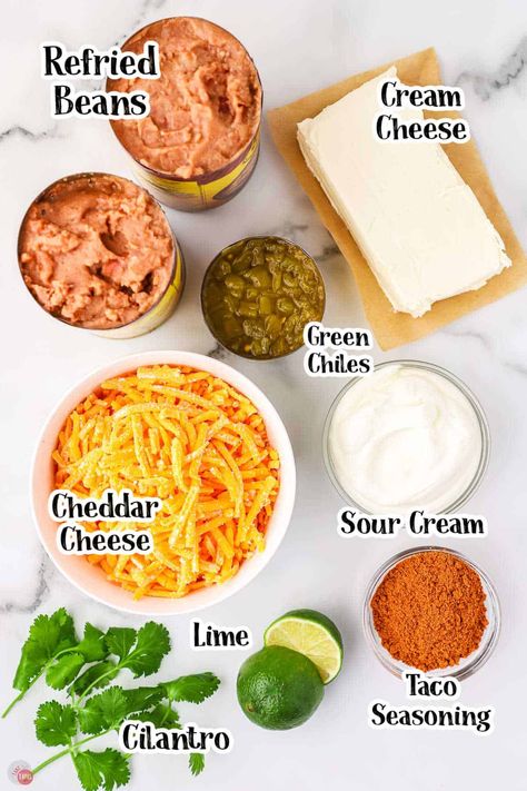 Taco Night Dip Ideas, Diy Fritos Bean Dip, Refried Bean Side Dish, Bean And Queso Dip, Championship Bean Dip, Nacho Bean Dip, Refried Bean Dip With Cream Cheese, Bean Dip Recipes Easy, Refried Bean Dip Easy