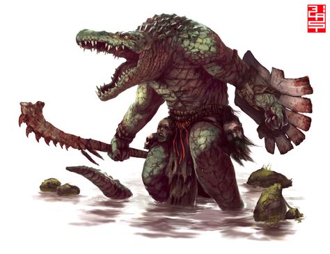 Crocodile Humanoid, Lizardfolk Barbarian, Creature Illustration, Illustrations Ideas, Dark Sun, Illustration Fantasy, Demon Lord, Heroic Fantasy, Fantasy Races