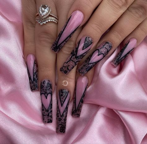 Gothic Valentines Day Nails, Dark Valentine Nails, Dark Valentines Day Nails, Gothic Valentines Nails, Pink Vday Nails, Pink Goth Nails, Heart Nails Pink, Nails Design Pink, Pink Heart Nails