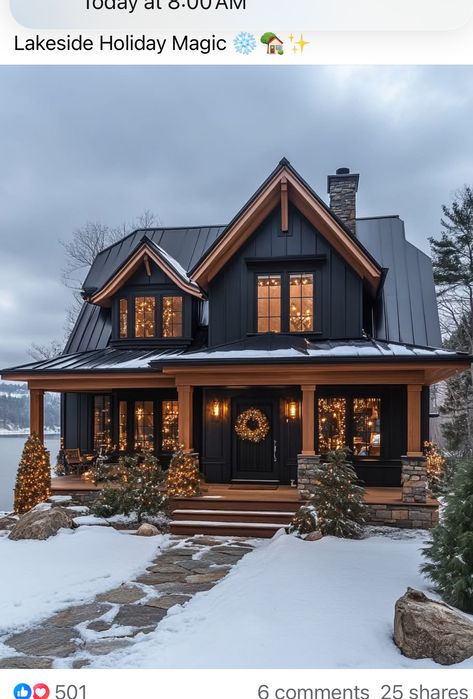 Black Farmhouse With Wood Accents Exterior, Modern Cottage Homes Exterior, Suburban Exterior Home, Two Story House Exterior, Black Cape Cod House Exterior, Exterior House Lighting, Black And Copper Exterior House, Moody House Exterior, Navy Exterior House Colors