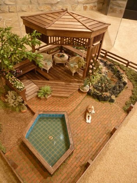 Gazebo, jacuzzi, wicker set, plants Gazebo Jacuzzi, Miniature Gazebo, Gazebo Garden, Popsicle Stick Houses, Faerie Garden, Diy Gazebo, Dollhouse Design, Garden Display, Miniature Display