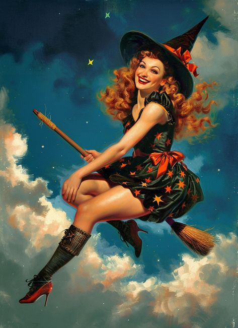 A witchy beauty riding her broom.  Can be printed in different sizes after digital download Halloween Witch Images, Redhead Witch Art, Plus Size Fantasy Art, Witchy Woman Aesthetic, Happy Witches, 70s Witch, Halloween Pinups, Halloween Witch Illustration, Witchy Beauty