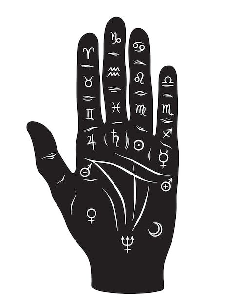 Vector palmistry or chiromancy hand with... | Premium Vector #Freepik #vector #witchcraft #alchemy #tarot #finger-heart Human Rib Cage, Zodiac Circle, Palmistry Hand, Moon Vector, Wolf Silhouette, Pagan Symbols, Tattoo Reference, Masonic Symbols, Beautiful Witch