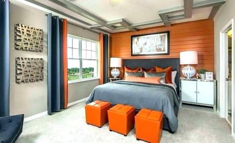 Orange And Grey Bedroom, Green And Burnt Orange Bedroom, Burnt Orange Bedroom Ideas, Orange Bedroom Ideas, Burnt Orange Bedroom, Green And Burnt Orange, Orange Bedroom Decor, Grey Bedroom Ideas, Orange Curtains