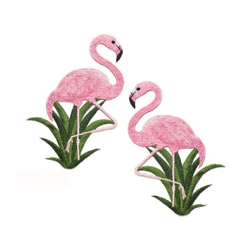 "Pair of Flamingos sew-on patches 5-1/2\"H x 4\"W each Choose Color NEW Top quality die cut twill patch with rayon embroidery thread Iron or Sew on the patch onto whatever you need No tracking on small, flat items with order total under $10.00. Upgrade shipping or enjoy a FREE upgrade to include tracking on orders $10 & up!" Tropical Embroidery, Flamingo Embroidery, Embroidery Birds, Rhinestone Alphabet, Applique Clothes, Patches For Clothes, Embroidery Small, Flamingo Pattern, Clothes Diy