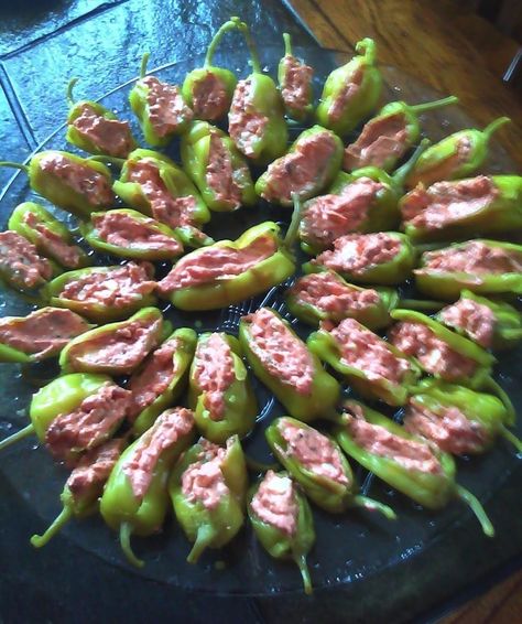 Stuffed Pepperoncini #justapinchrecipes Stuffed Pepperoncini, Christmas Cheesecake Recipes, Diet Cake, Christmas Cheesecake, Clam Recipes, Slotted Spoon, Cooking 101, Milk Cream, Cinnamon Rolls Homemade