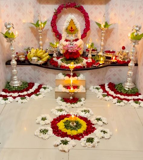 Tulasi Pooja Decoration Ideas, Deepam Decoration Ideas, Vaibhav Lakshmi Pooja Decoration, Karthika Pournami Decoration, Satya Narayana Pooja Decoration, Satyanarayana Pooja Decoration Ideas, Pooja Decoration Ideas, Indian Inspired Decor, Simple Flower Rangoli