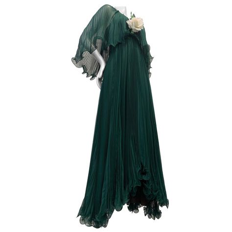 1970 Forest Green Silk Chiffon Accordion Pleated Halter Dress W/ Full Sweep Hem | See more vintage Maxi Dresses at https://www.1stdibs.com/fashion/clothing/day-dresses/maxi-dresses in 1stDibs Witchy Dress, Layered Chiffon Dress, Pleated Halter Dress, Chiffon Halter Dress, Chiffon Dress Short, Graceful Movement, Silk Chiffon Dress, Silk Rose, Chiffon Overlay