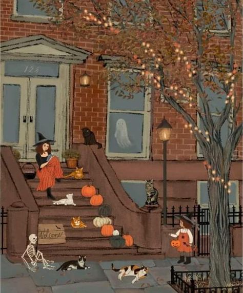 Halloween Street, Happy Halloween Pictures, Pumpkin Cat, Walking Down The Street, Halloween Artwork, Autumn Magic, Halloween Painting, Witch Art, Halloween Pictures