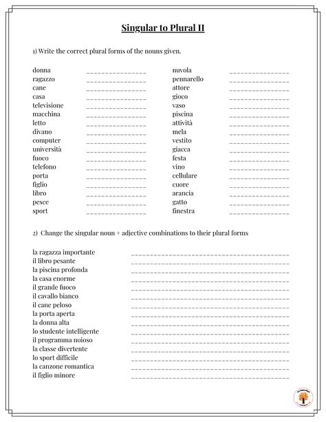 Italian Singular to Plural Worksheets – Grammar Exercises Italian Worksheets, Italian Grammar Worksheets, Italian Vocabulary Worksheets, Italian Grammar Rules, Italian Verbs Conjugation, Work Sheet On Singular And Plural, Plurals Worksheets, Italian Courses, Italian Verbs