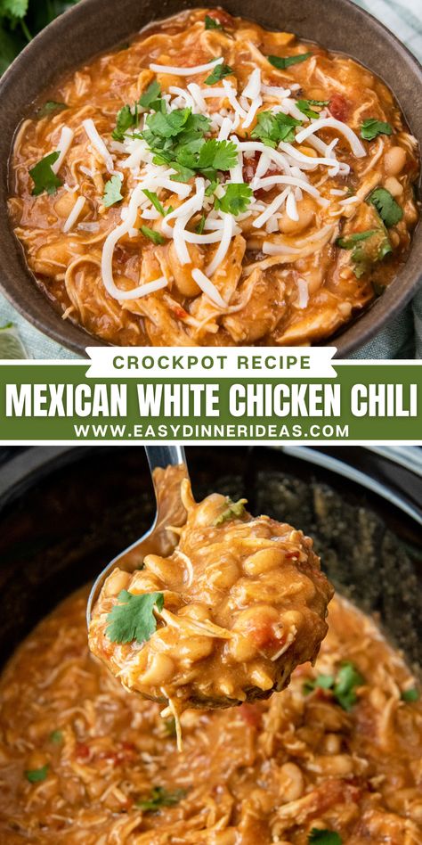 If you like white chili, you are going to love this easy crockpot Mexican White Chicken Chili recipe! Made with chicken, chili beans, and Mexican spices, I promise you won’t be able to have just one bowl. Chicken Chili Beans, Crockpot Mexican, Crockpot Recipes Mexican, White Chicken Chili Recipe, Chicken Chili Crockpot, Chili Beans, Creamy White Chicken Chili, Crockpot Ideas, Easy Crockpot Dinners