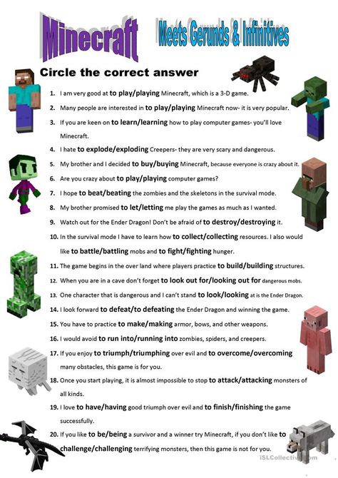 Minecraft Worksheets, Gerunds And Infinitives, Minecraft Activities, Play Computer, Minecraft Theme, Grammar Practice, English Language Teaching, Grammar Lessons, Esl Teaching