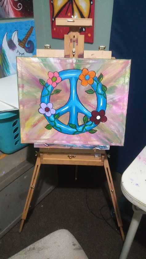 Peace Sign Canvas Painting, Peace Sign Painting, Peace Sign With Flowers, Peace Sign Art Hippie, Sign With Flowers, Girls Room Paint, Peace Painting, Peace Sign Art, Flowers Acrylic