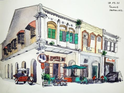 Sasketcher journal: Shophouses of Penang Penang Illustration, Baba Nyonya, Art Buildings, Architect Student, Heritage Building, Chinese House, Building Drawing, House Drawing, Urban Sketching