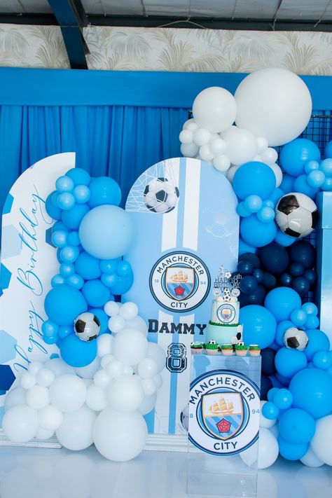 Argentina Soccer Birthday Theme, Manchester City Party Decorations, Man City Birthday Theme, Manchester City Party Ideas, Manchester City Birthday Party, Messi Theme Birthday Party, 10th Birthday Boy Party Themes, Kids Birthday Themes Boys, Soccer Birthday Theme