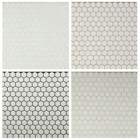 Grout colors clockwise from upper left: #381 Bright White, #390 Rosa Beige, #10 Antique, #60 Charcoal Grout Colors, White Hexagon Tiles, Hexagonal Tiles, Hex Tile, Grey Grout, Penny Tile, Tile Grout, Grout Color, Hexagon Tiles