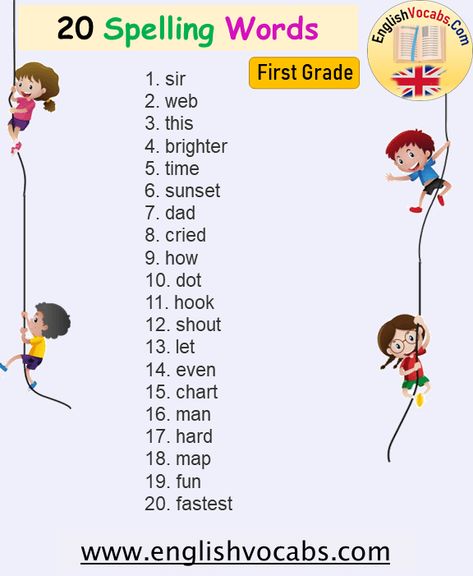 20 Spelling Words For First Grade, 1st Grade Spelling Words List - English Vocabs 1st Grade Spelling Words List, Short Vowel And Long Vowel, Words For First Grade, Spelling Bee Words, 1st Grade Spelling, Spelling Words List, Long Vowel Words, Words List, Long Vowel