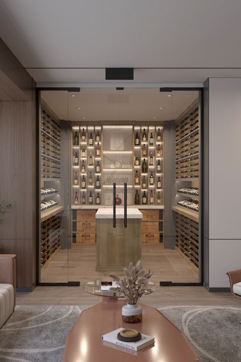 Modern Wine Cellar with Glass Door and wooden racks Modern Wine Room, Wine Cellar Modern, Modern Wine Cellar, Modern Wine Storage, Contemporary Wine Cellar, Wine Room Design, Luxury Building, Wine Cellar Basement, Glass Wine Cellar