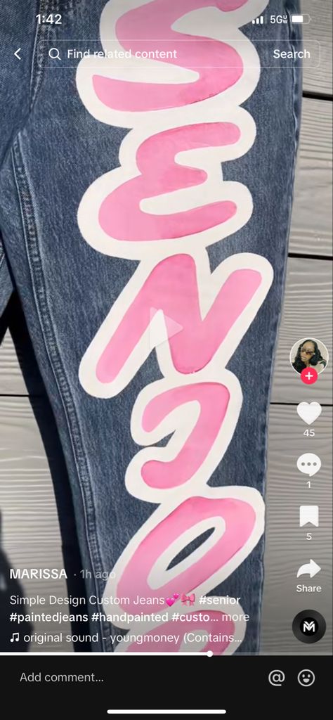 Pink Senior Jeans, Senior Jeans Painted 2024 Ideas, Senior Jeans Painted, Homecoming Jeans Ideas, Senior Painted Jeans, Senior Jeans, Senior Szn, Custom Jeans, Painted Jeans