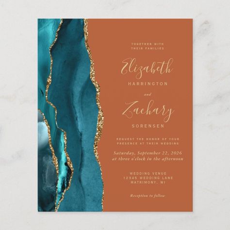 Budget Teal Gold Agate Burnt Orange Rust Wedding  Zazzle Teal Wedding Theme, Dark Wedding Invitations, Rusting Wedding, Teal Watercolor, Gold Glitter Wedding, Burnt Orange Weddings, Elegant Modern Wedding, Agate Wedding, Navy Blue Wedding Invitations