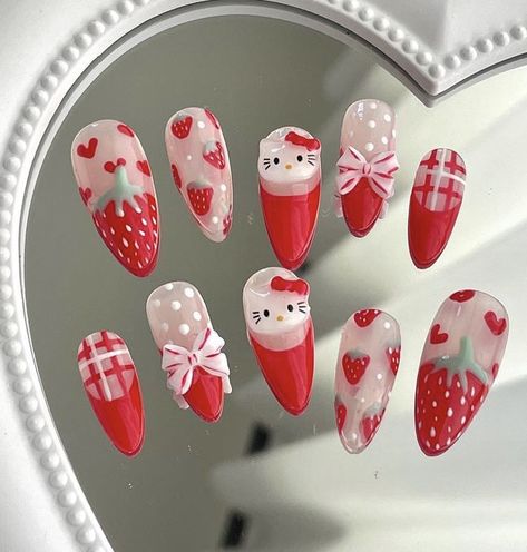 Strawberry Nail Art, Cherry Blossom Nails, Kitty Nails, Fake Nails Designs, Bunny Nails, Simple Gel Nails, Hello Kitty Nails, Casual Nails, Really Cute Nails