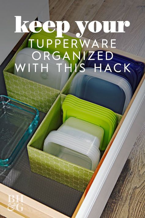 We rounded up our favorite kitchen storage hacks to solve your food storage container woes. Keep cabinets from getting chaotic and avoid mismatched items with this easy kitchen drawer organizer hack. #tupperwareorganizing #cabinetorganization #storageideas #bhg Diy Tupperware Storage, Organizing Storage Containers In Kitchen, Container Storage Organization, Container Lid Storage Ideas, Diy Cabinet Storage Organizers, Plastic Food Container Organization, How To Store Tupperware Containers, Tuppaware Storage Ideas, How To Organize Food Storage Containers