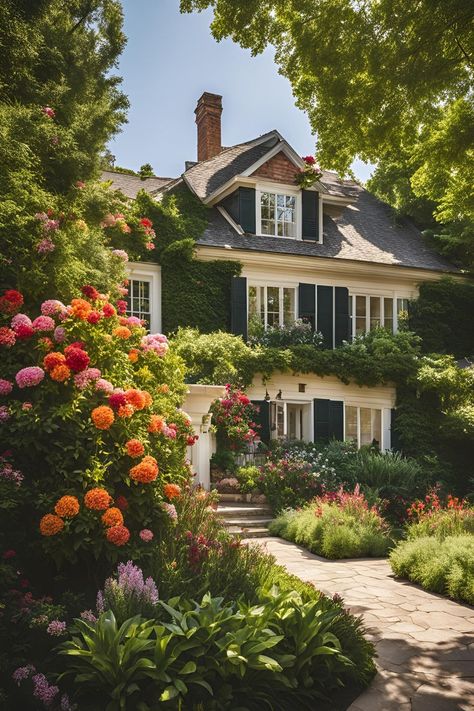 Beautiful front garden landscape with colorful hydrangeas, garden yard ideas, cottage-style side yard landscaping, stone pathway, and lush perennial garden Side Of House Landscaping Ideas, Side Of House Landscaping, Cottage Curb Appeal, House Landscaping Ideas, Curb Appeal Landscaping, Gravel Pathway, Flagstone Walkway, Boost Curb Appeal, Raised Planter Beds