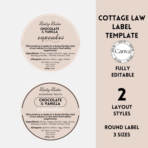 Ensure your homemade treats comply with regulations using our Cottage Law Label Editable Template. In three different sizes, these customizable round labels can be printed as stickers or hanging labels to create a professional look for your products.  Perfect for showcasing ingredients, allergens, and ensuring food safety standards are met. Whether you need cottage food labels, bakery food labels, or DIY cookie labels, our customizable Cottage Law Template,  provides an easy and editable bakery Cottage Law Food Labels, Cottage Law Food, Food Label Design, Hanging Labels, Food Label Template, Cottage Food, Canning Jar Labels, Baking Techniques, Florida Cottage