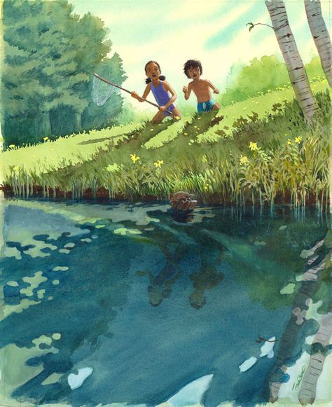 Original watercolor illustrations by Jason Chin available at the R. Michelson Galleries Creek Illustration, Lake Illustration, River Illustration, Jumping Into Water Illustration, Lake Illustration Water, Turtle Illustration Character, Over Fishing Illustration, Rabbit And Turtle Story Illustration, Jungle River Illustration