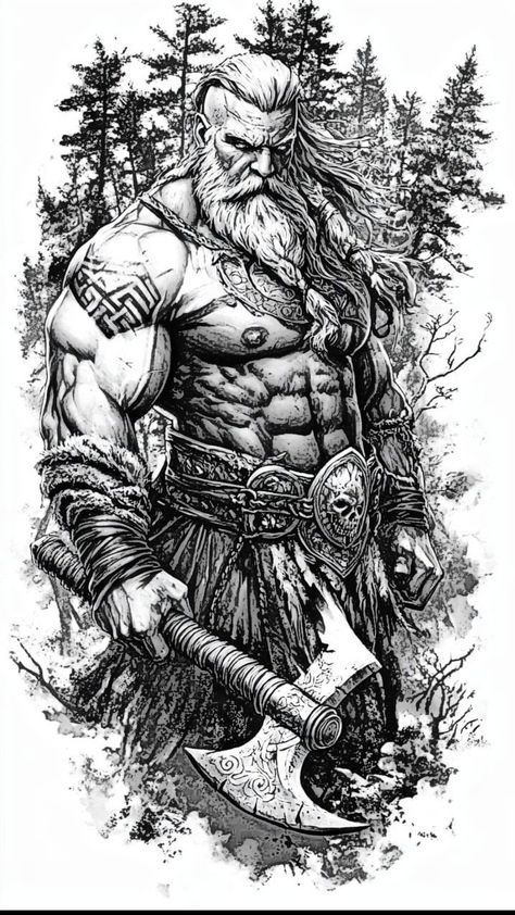 Viking Calf Tattoo Men, Panda Warrior Tattoo, Viking Tattoo Design Drawings, Viking Drawing Sketches, Vikings Art, Viking Drawings, Viking Warrior Tattoos, Norse Mythology Tattoo, Arte Viking