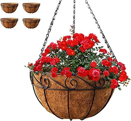 Metal Hanging Planter Basket with Coco Liner, 4 Pack, 14 in Diameter, Hanging Flower Pot, Round Wire Plant Holder, Watering Basket, Chain Porch Decor, for Lawn, Patio, Garden, Deck Hanging Planters Outdoor, Metal Hanging Planters, Planter Basket, Hanging Flower Baskets, Hanging Plant Holder, Hanging Flower Pots, Plants For Hanging Baskets, Basket Planters, Plant Basket