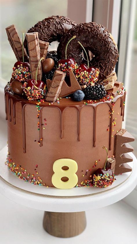 8th birthday cake Ideas | 8 year old birthday cake pictures Chocolate Birthday Cake Decoration, 8th Birthday Cake, Candy Birthday Cakes, Chocolate Cake Designs, Chocolate Drip Cake, Chocolate Cake Decoration, Amazing Cake, Birthday Cake Chocolate, Beautiful Birthday Cakes