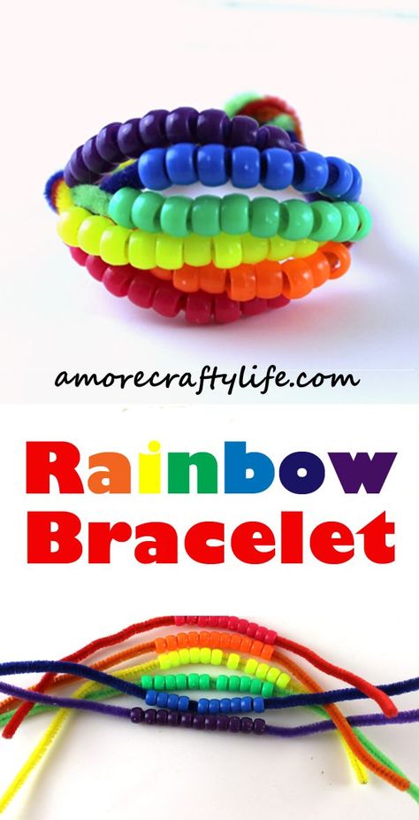 rainbow bracelet kid crafts - arts and crafts activities -rainbow kid craft- amorecraftylife.com #kidscraft #craftsforkids #rainbow #preschool Preschool Jobs, Volunteer Ideas, Arts And Crafts Activities, Rainbow Stuff, Pride Week, Rainbow Activities, April Crafts, Arts And Crafts For Teens, Bracelet Craft