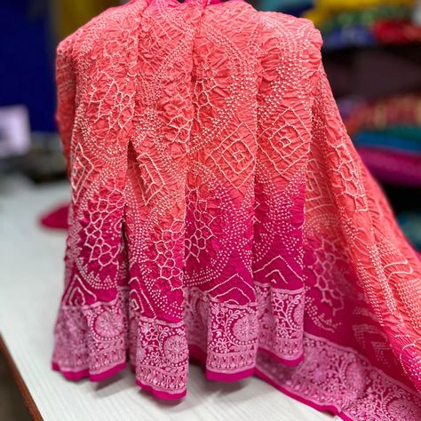 Georgette chikankari work, Pure Khadi Georgette Rai Bandhani Saree With Lucknavi (chikankari) weaving / pastel colour... Book your orders now (For orders DM OR WHATSAPP) . . . . . . ²²¹⁵⁰ Bandhej Saree, Bandhani Sarees, Chikankari Work, Usa Design, Bandhani Saree, Bridal Silk Saree, Traditional Sarees, Banarasi Sarees, Georgette Sarees